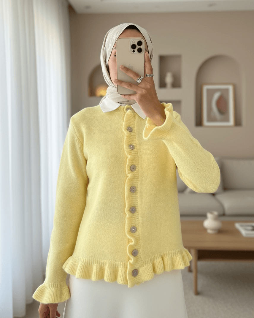 Light Yellow Ruffled Trim Button-Front Cardigan - Podyumplus - by Peralane - photo 2