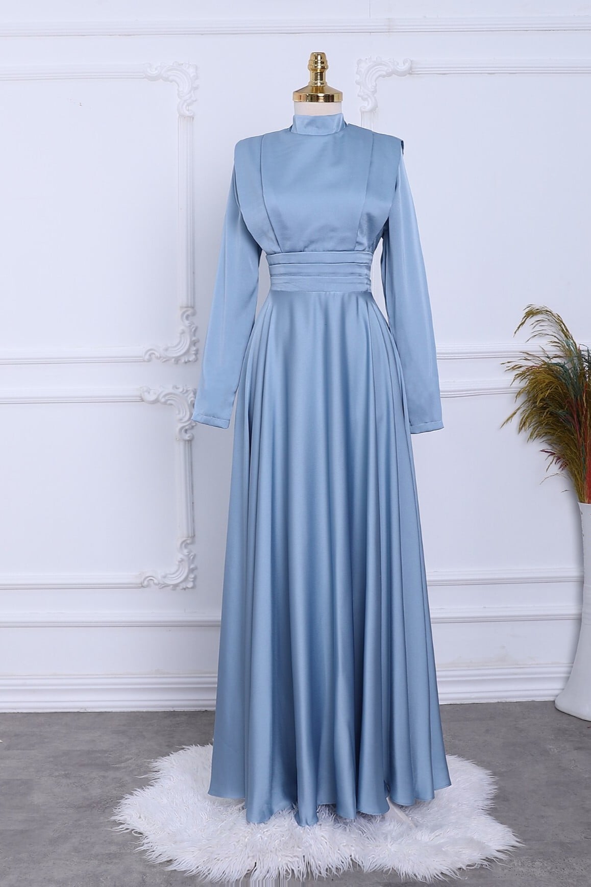 Belted Pleated Satin Formal Dress in Light Blue - Podyumplus - by Peralane - photo 3