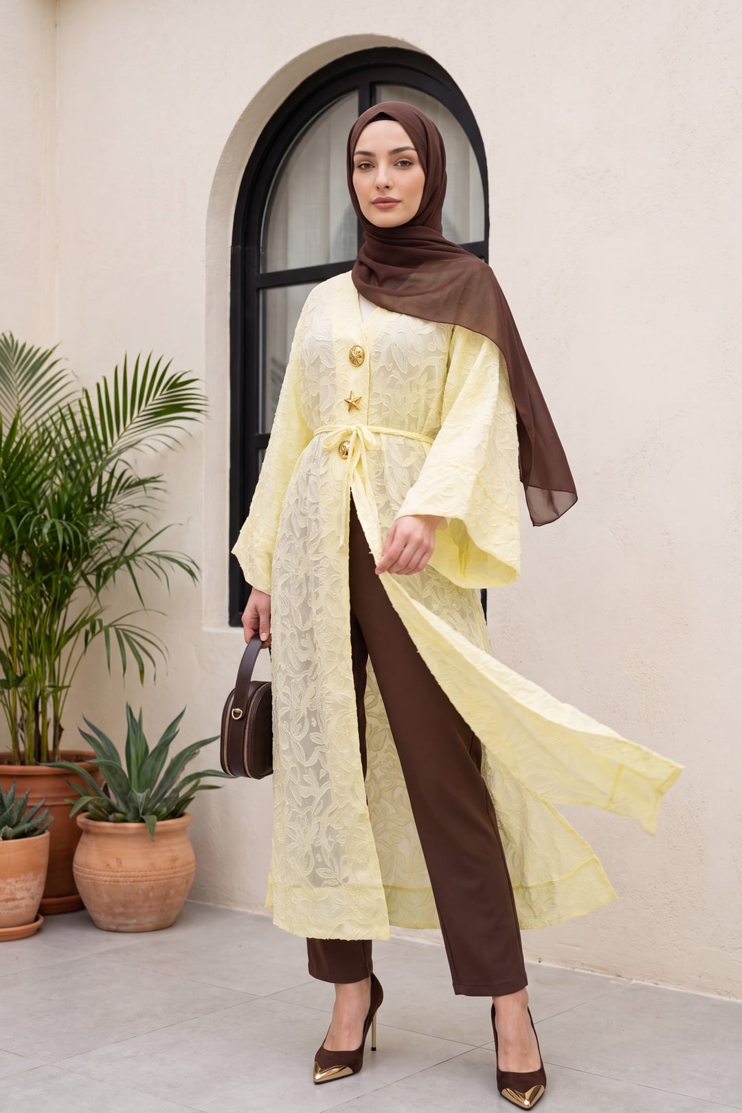 Wide Sleeve Tie-Waist Brooch Jacquard Long Kimono - Yellow - Podyumplus - by Peralane - photo 6