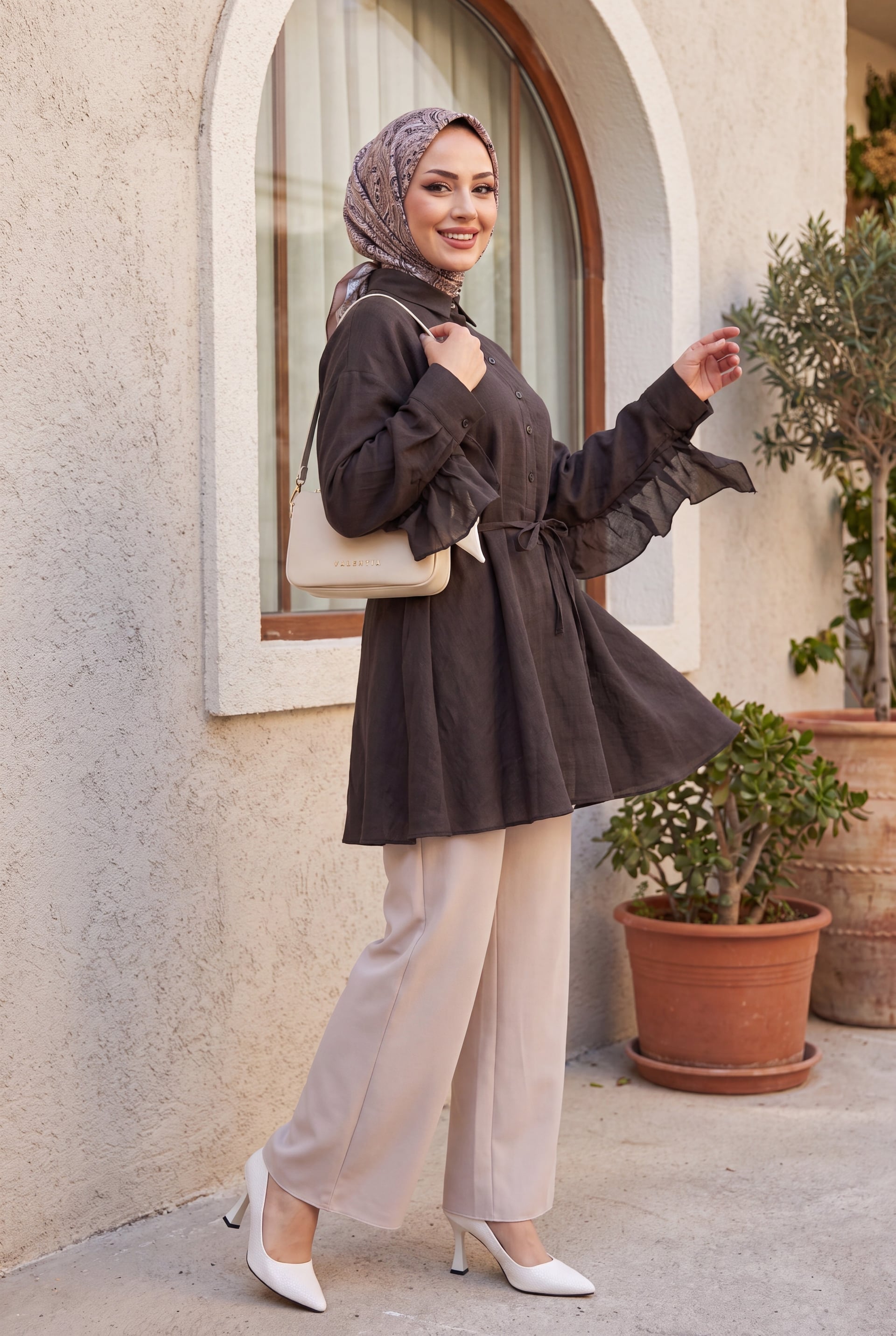 Buttondown Belted Batwing Sleeve Flounced Oversize Modal Tunic - Dark Brown - Podyumplus - by Peralane - photo 6