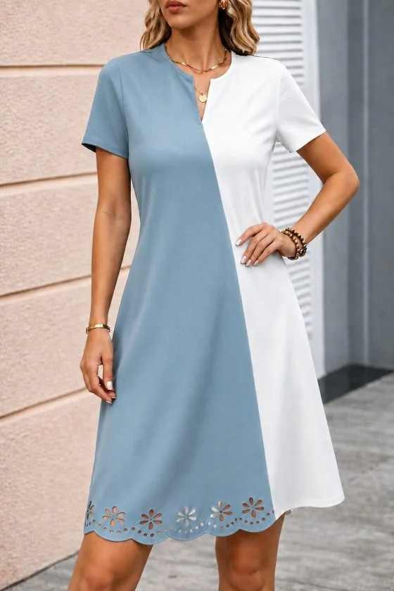 Women's Short Sleeve V-Neck Two-Tone Laser Cut Floral Crepe Dress - Janes - by Peralane