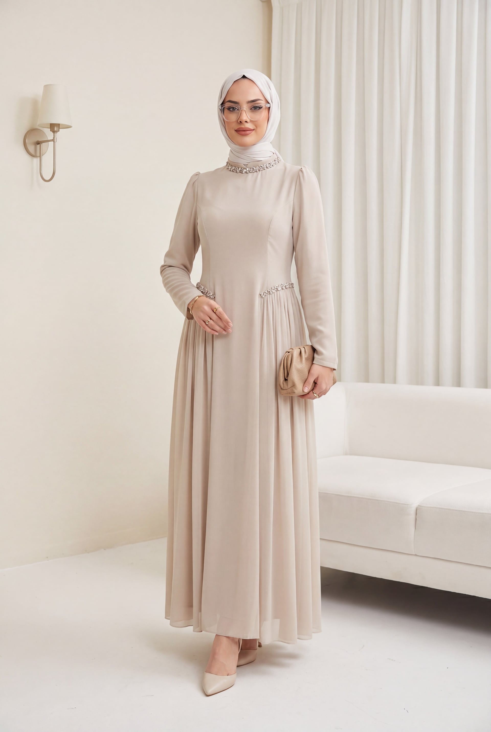 Stone-Colored Crepe Dress with Jeweled Neckline and Waist, Tulle Side Details, Lined - Podyumplus - by Peralane