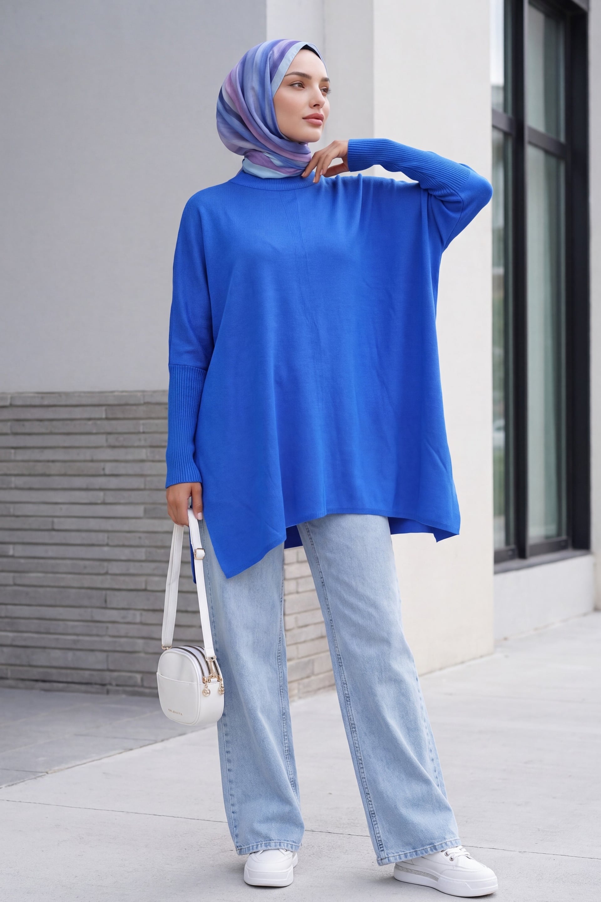 Oversize Poncho Knit Sweater with Side Slits - Bright Blue - Bigdart - by Peralane - photo 3