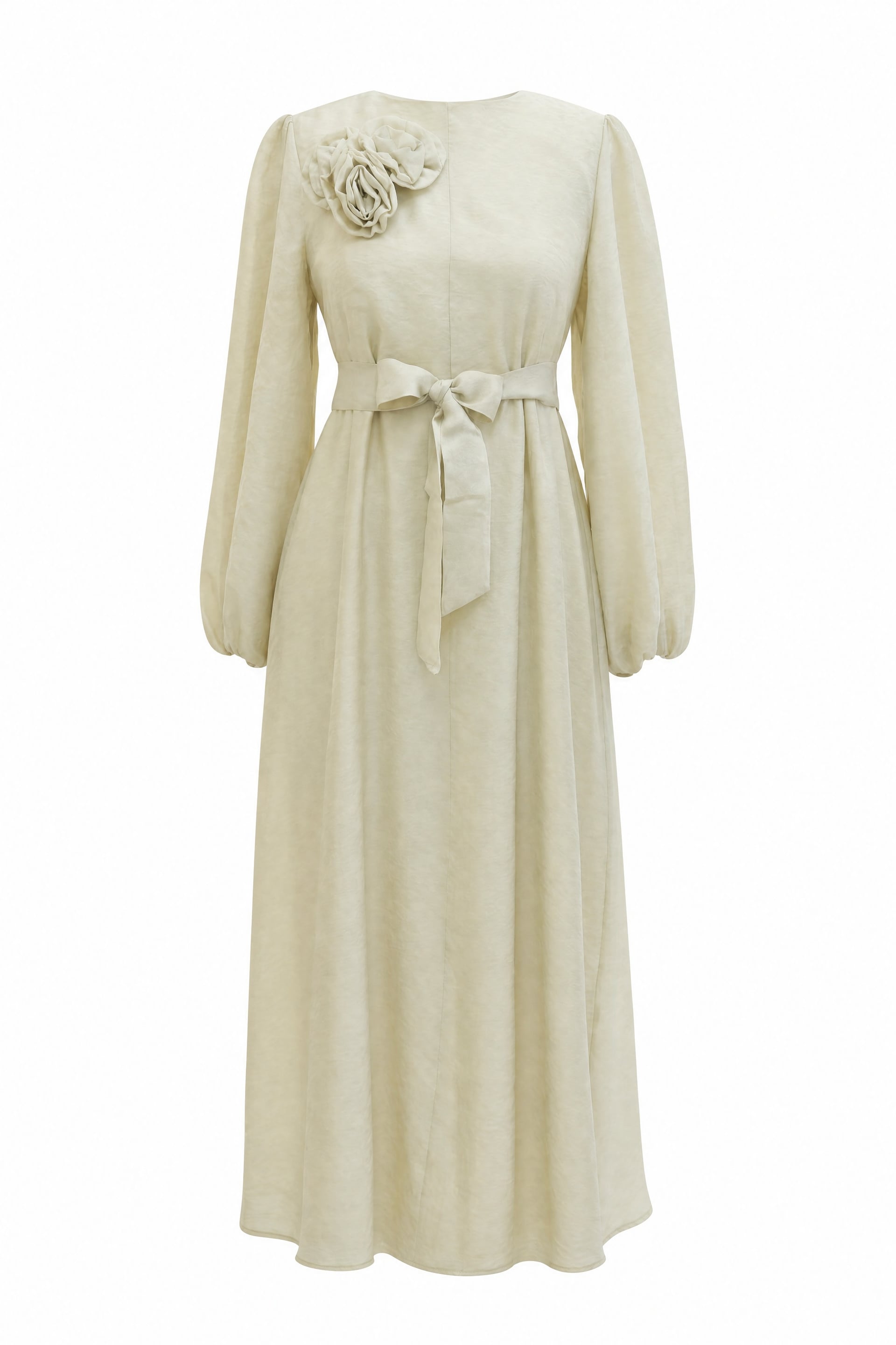 Brooch Detail Belted Lined Balloon Sleeve Tulle Voile Dress - Beige - Podyumplus - by Peralane - photo 4