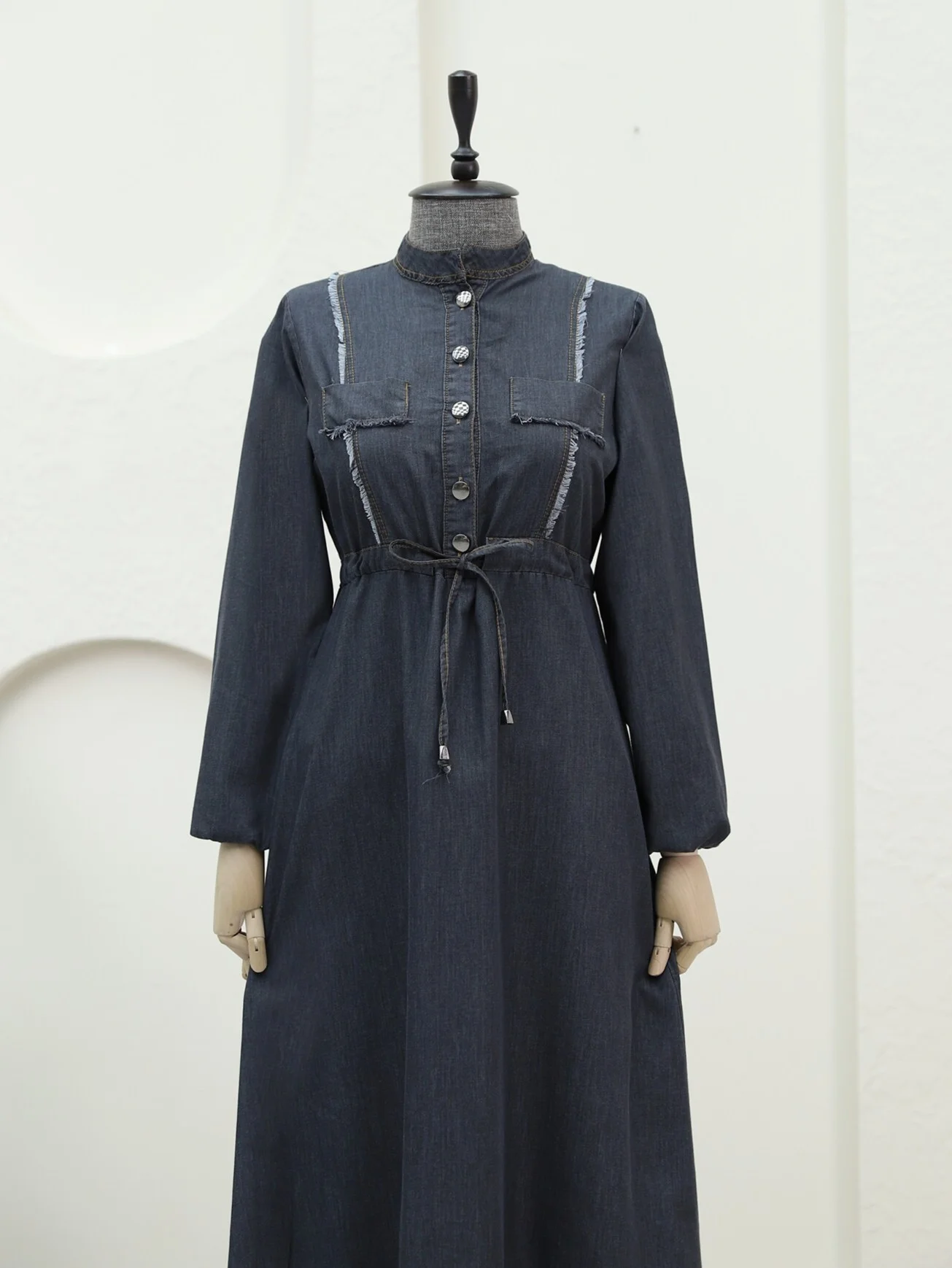 Half-Button Denim Dress with Fringe Details and Tunnel Lacing - Black - Podyumplus - by Peralane - photo 6