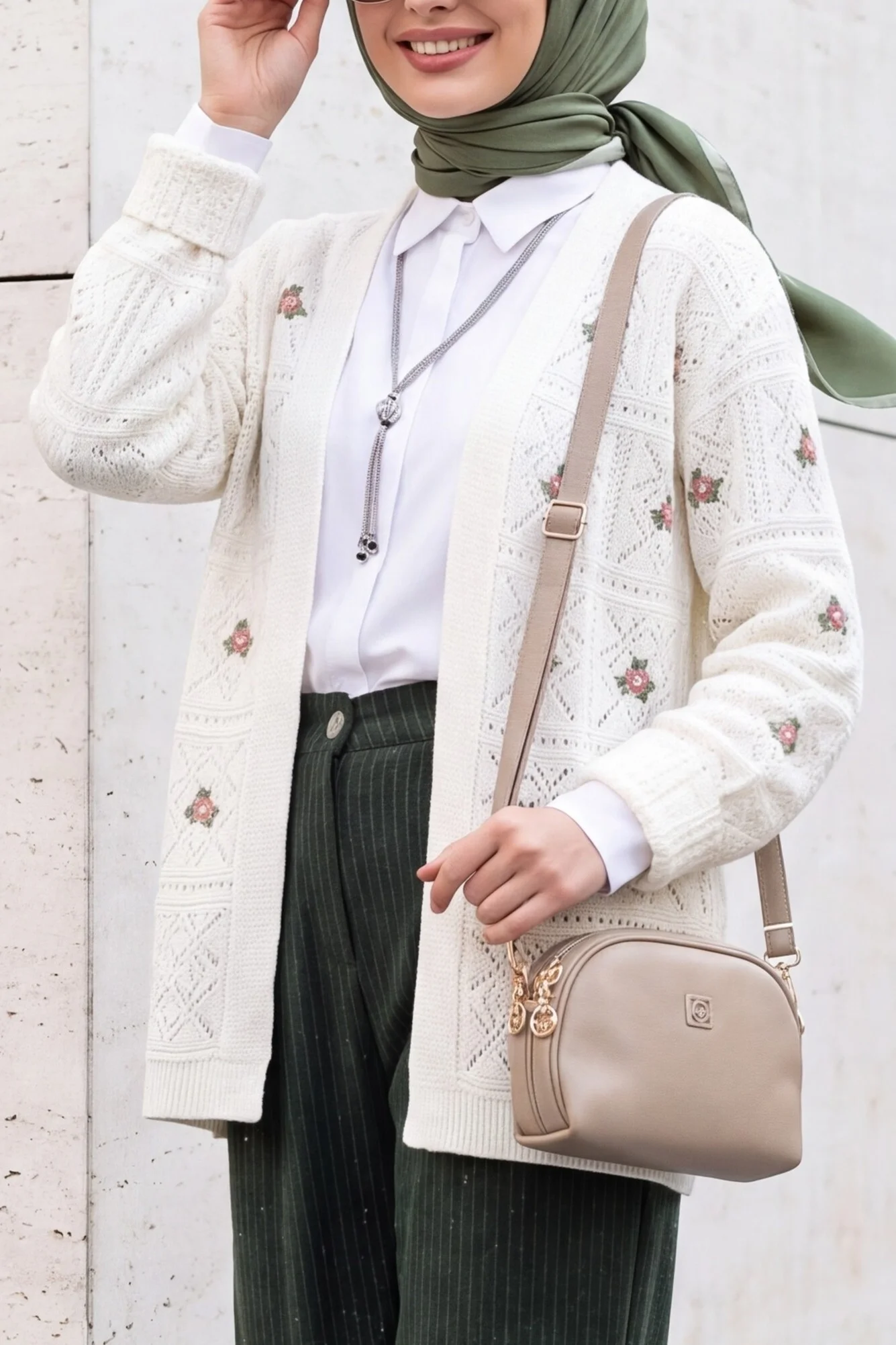 Open Front Embroidered Knit Cardigan - Ecru - Podyumplus - by Peralane