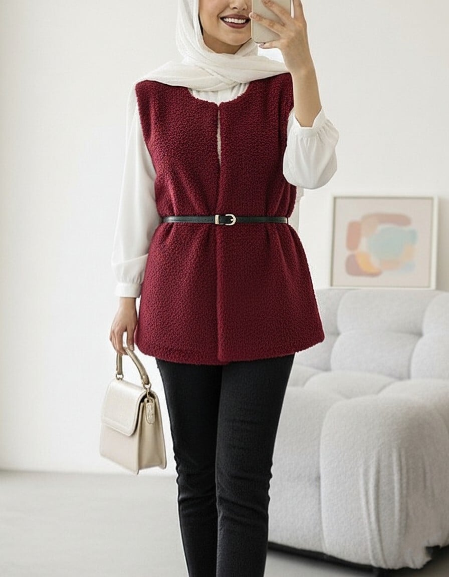 Belted Lined Plush Vest - Burgundy - Podyumplus - by Peralane - photo 3