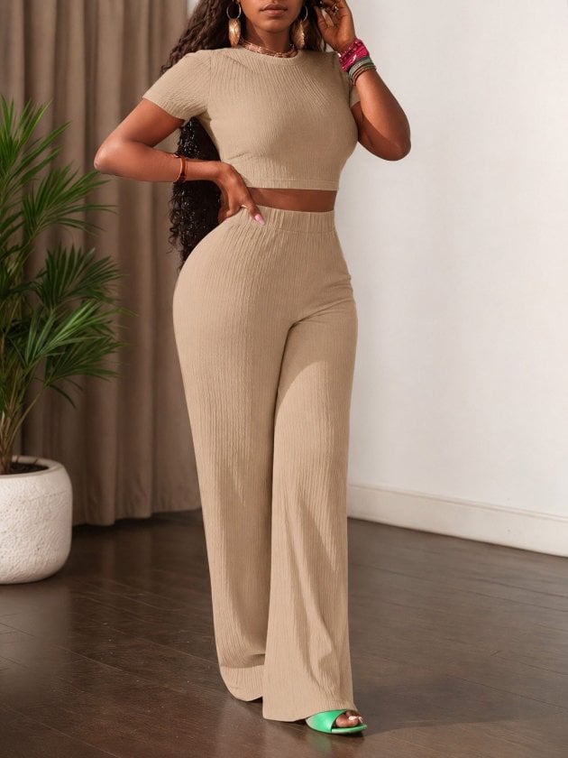 Women's Beige Ribbed Crop Top and Wide-Leg Trouser Two-Piece Set - Janes - by Peralane - photo 2