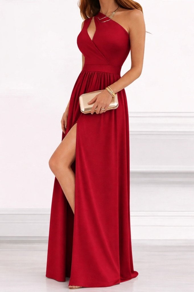 Women's One-Shoulder Asymmetric Maxi Dress with Side Slit, Red - Janes - by Peralane - photo 4