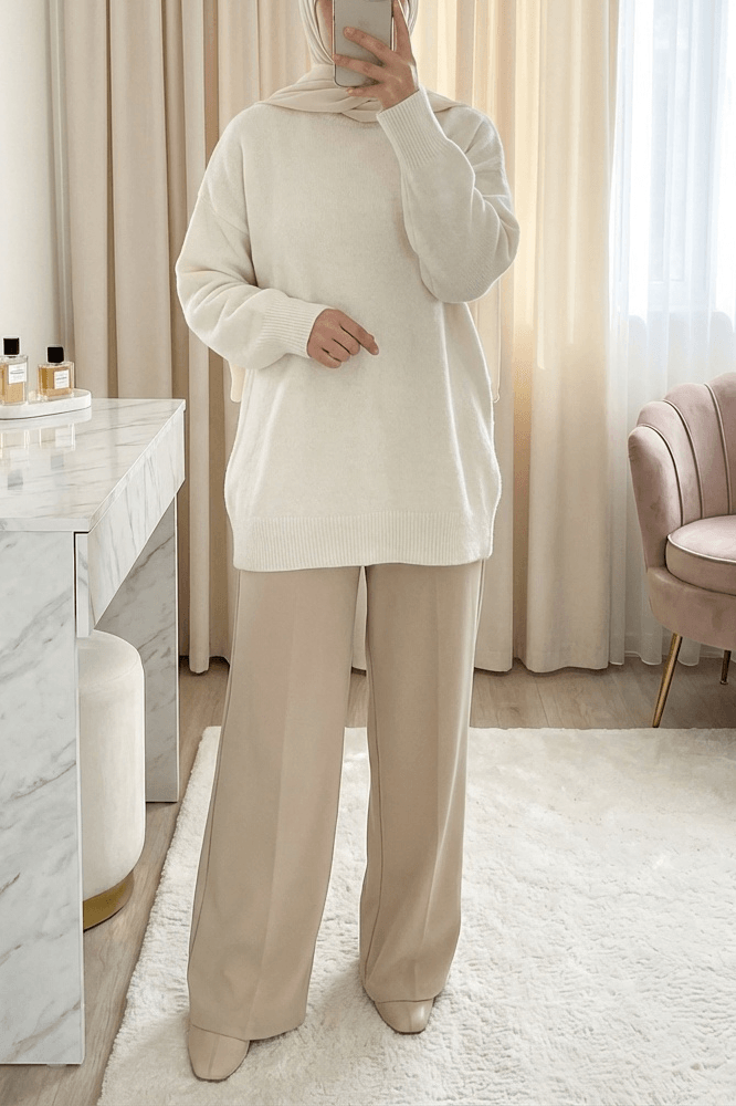 Half-Collar Soft Knit Sweater and Trousers Set - Cream - Podyumplus - by Peralane