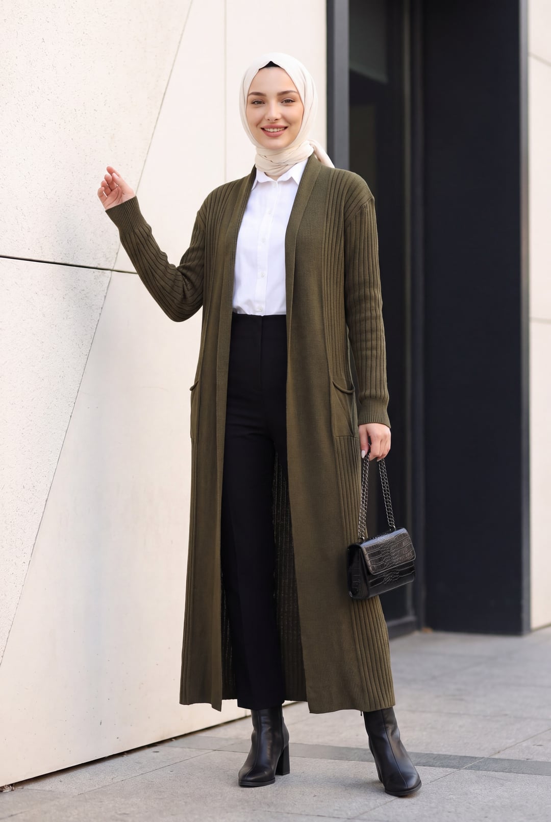 Long Ribbed Knit Cardigan with Belt - Khaki - Wholeskop - by Peralane - photo 2