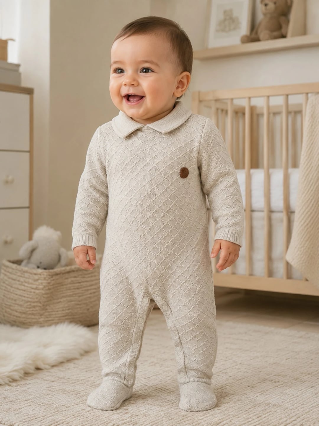 Knitted Baby Romper with Peter Pan Collar - Light Beige - Has Bereket - by Peralane