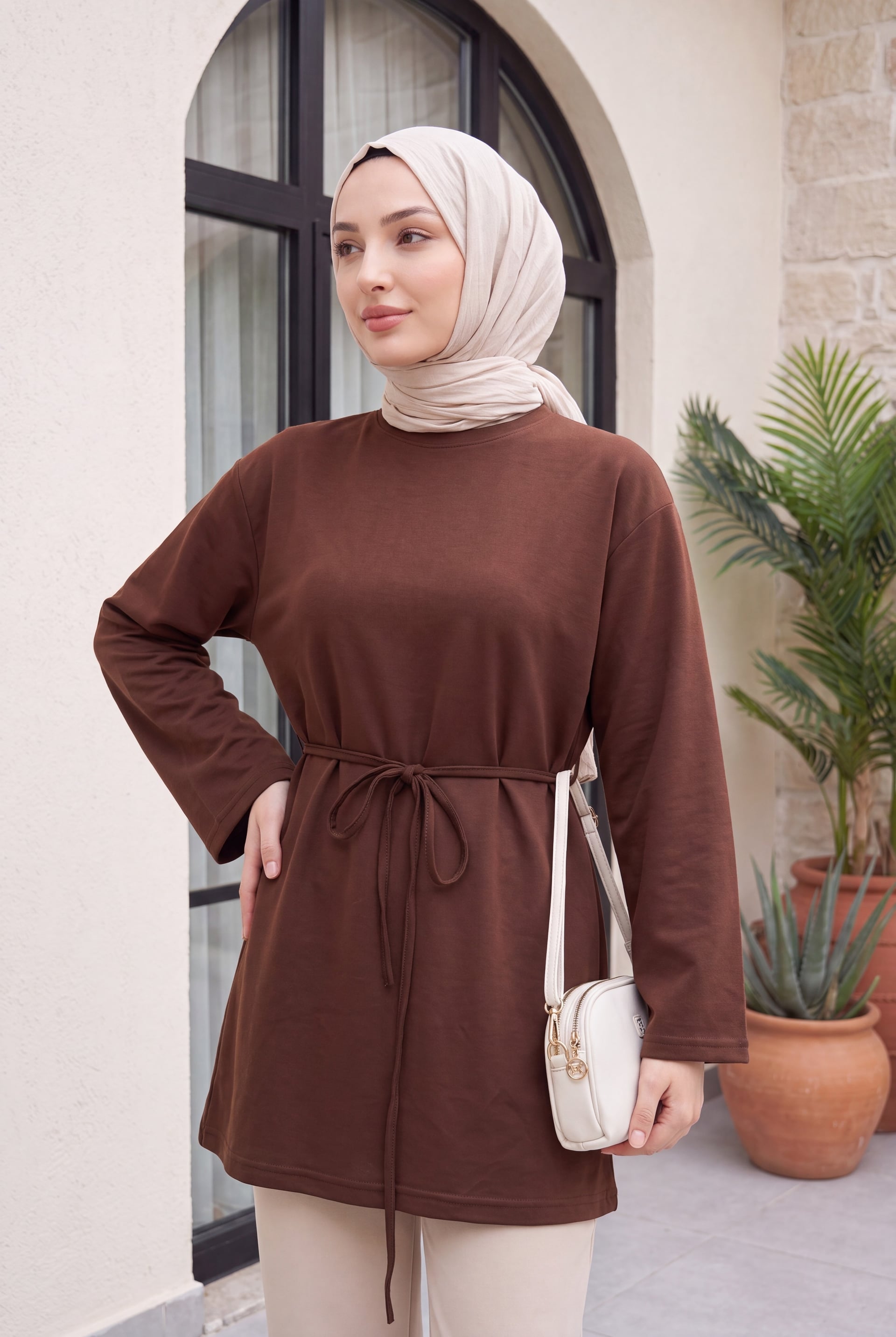 Round Neck Drawstring Waist Jersey Tunic - Brown - Podyumplus - by Peralane