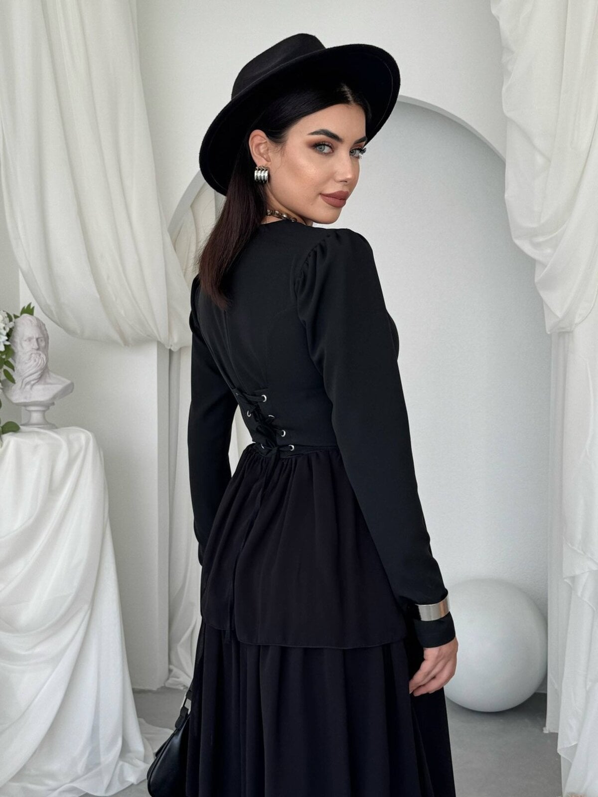 Black Long-Sleeved V-Neck Midi Dress with Lace-Up Back and Tiered Skirt - Etika - by Peralane