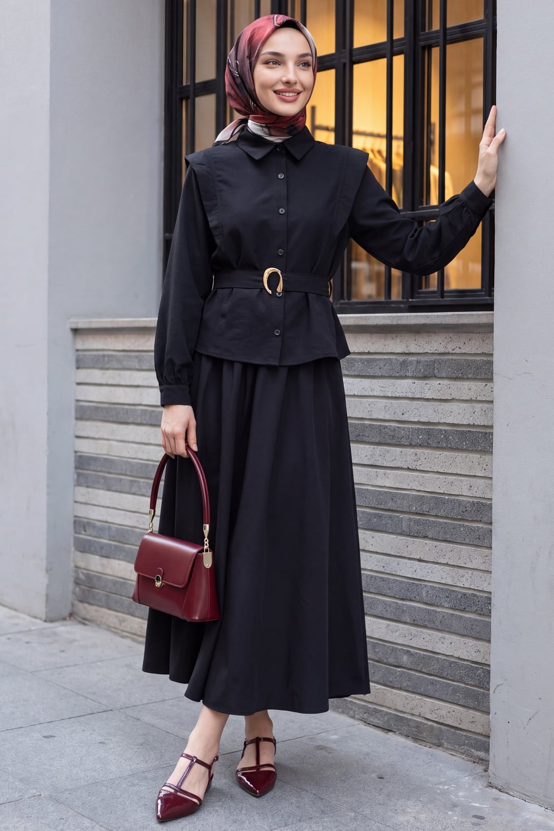 Black Modest Two-Piece Set with Shoulder Pads, Belted Blouse and Elasticated Midi Skirt - Podyumplus - by Peralane
