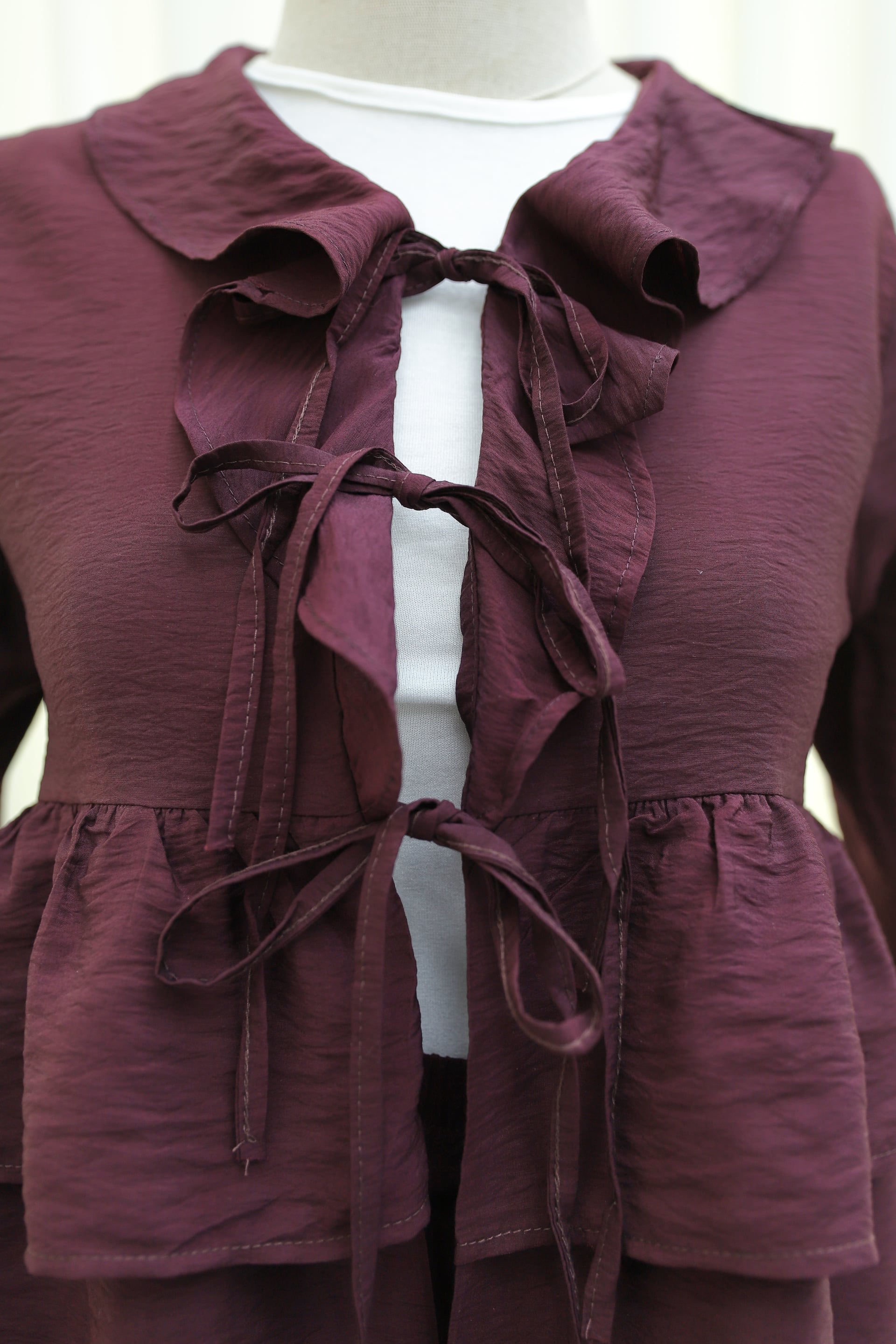 Burgundy Tie-Front Ruffled Spanish Sleeve Skirted Cupro Kimono Set - Podyumplus - by Peralane - photo 5