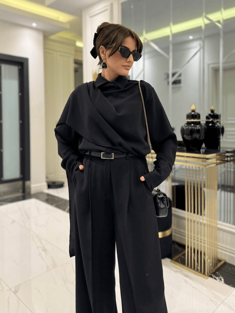 Women's Long Sleeve Shawl Detail Blouse and Trousers Two-Piece Set with Belt - Janes - by Peralane - photo 3