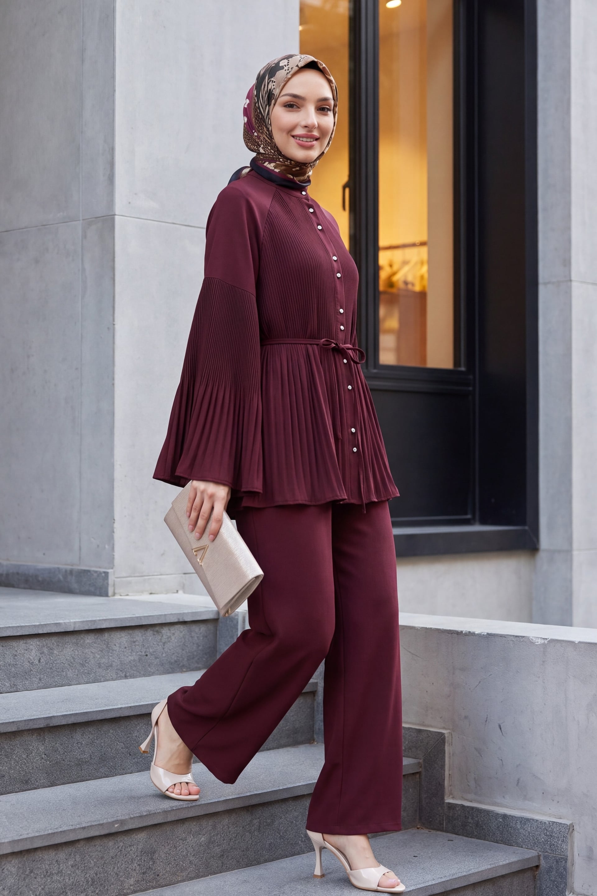 Pleated Mandarin Collar Buttoned Crepe Co-ord Set - Bordeaux - Podyumplus - by Peralane - photo 2