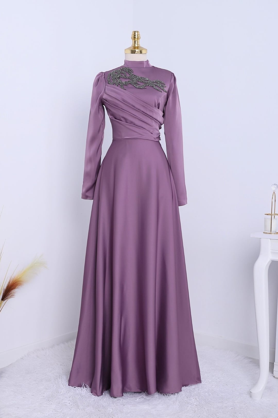 Lilac Satin Evening Dress with Beaded Neckline and Draped Bodice - Podyumplus - by Peralane - photo 2