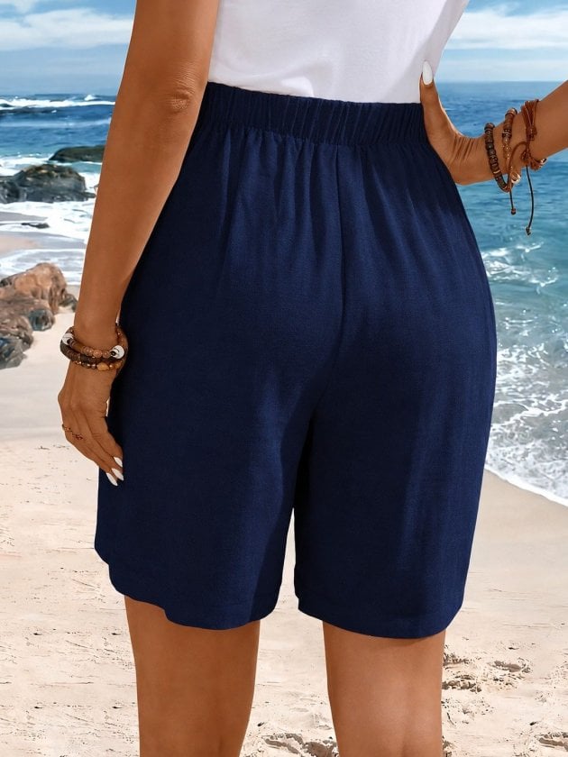 Women's High Waist Side Button Detail Shorts in Navy Blue - Janes - by Peralane - photo 2