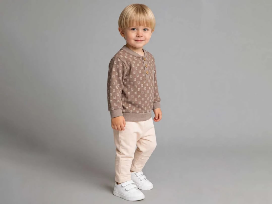 Patterned Baby Boy Two-Piece Set - Beige - Beyaz Bebek - by Peralane