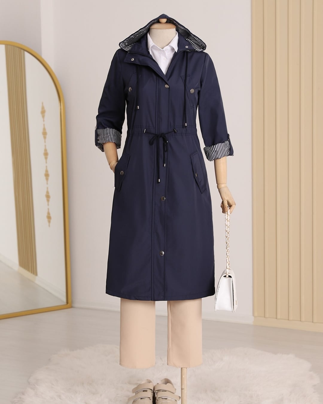 Navy Blue Lined Trench Coat - Podyumplus - by Peralane - photo 5