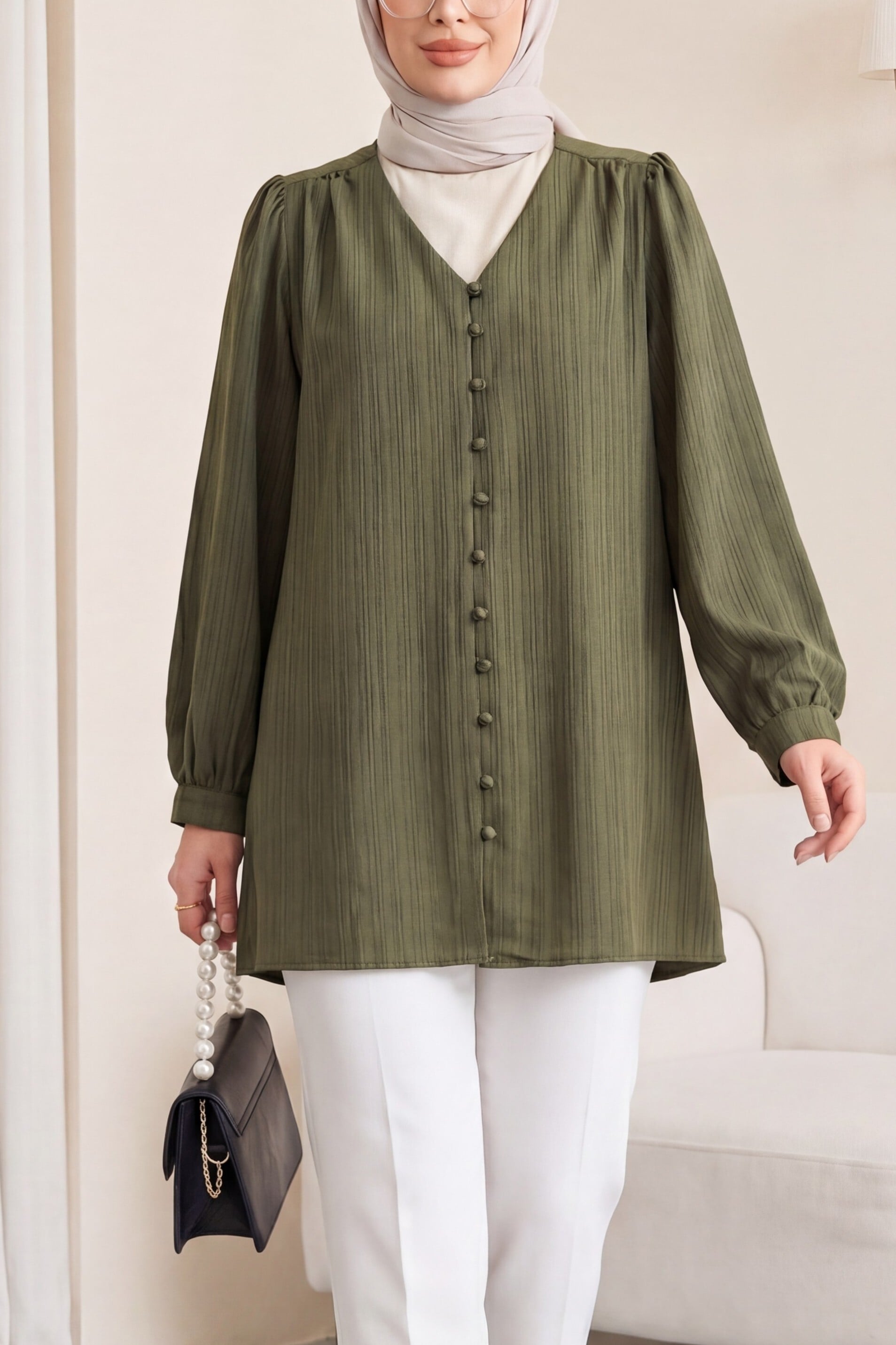 Top Button V-Neck Jacquard Crinkle Tunic - Khaki - Podyumplus - by Peralane