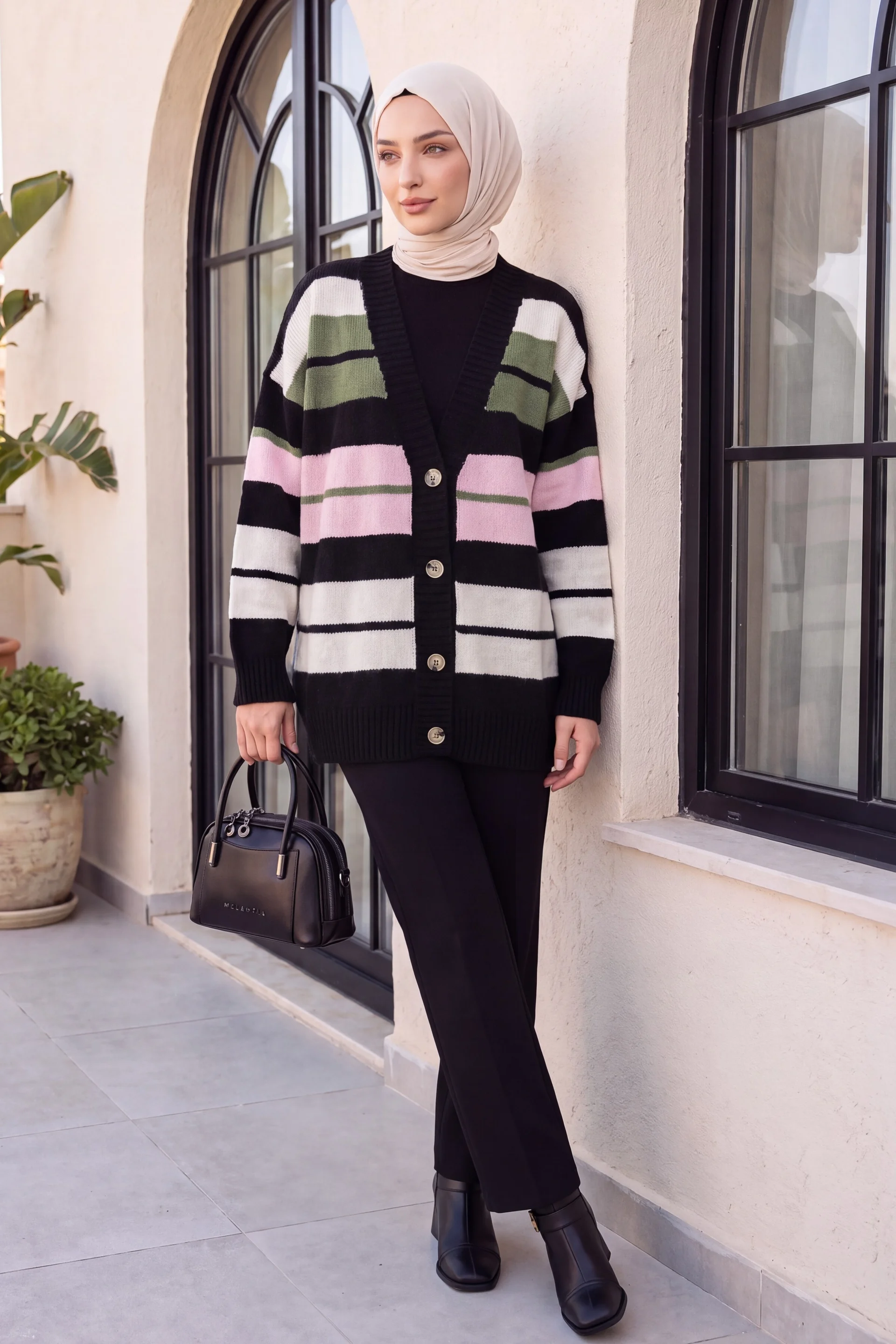 V-Neck Colorful Stripe Buttoned Relaxed Fit Knit Cardigan - Pink - Podyumplus - by Peralane - photo 4
