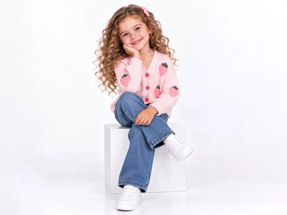 Girls' Knitted Cardigan with Strawberry Print - Pink - Incilay - by Peralane