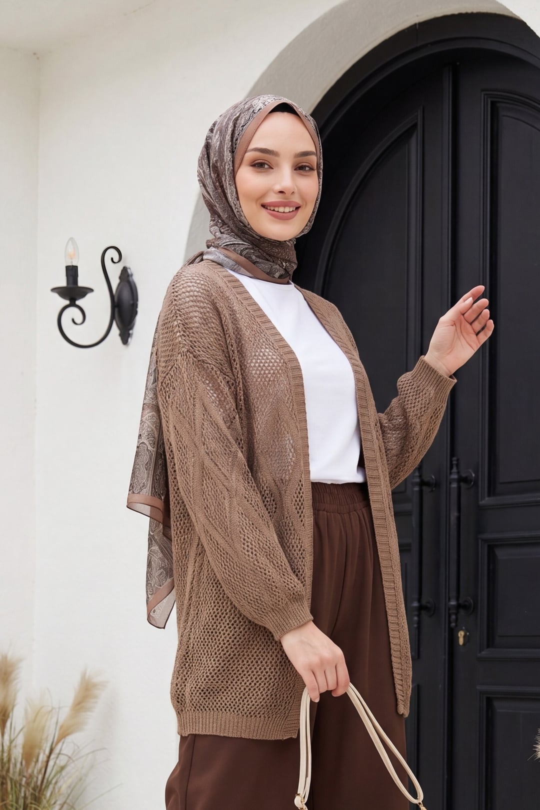 Diamond Pattern Openwork Knit Cardigan - Light Brown - Podyumplus - by Peralane - photo 3