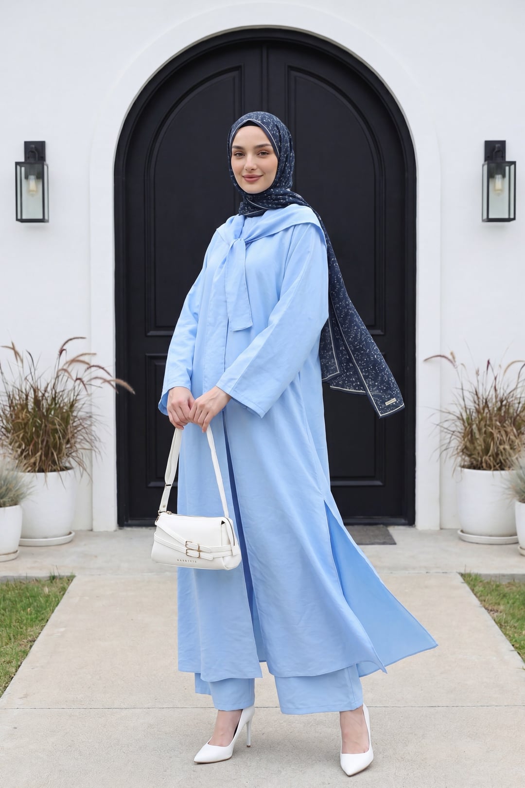 Light Blue Modal Two-Piece Set with Scarf Detail and Deep Slit Pants with Pockets - Podyumplus - by Peralane - photo 4