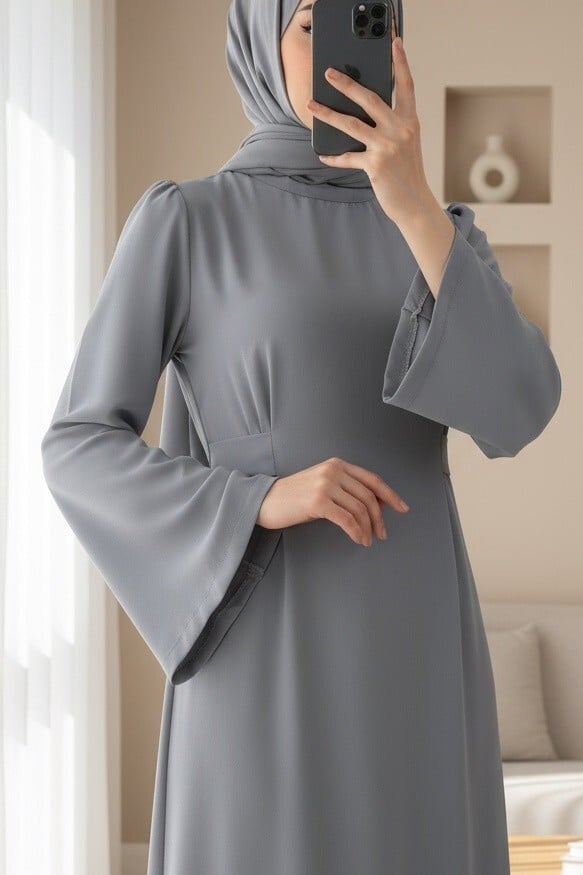 Mandarin Collar Belted Dress - Grey - Podyumplus - by Peralane - photo 6