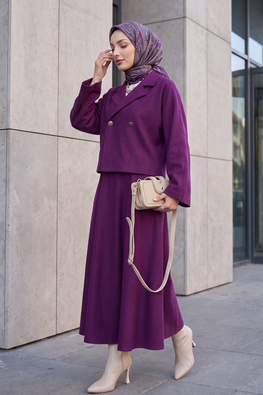 Single Button Felt Co-ord Set with Skirt - Plum - Podyumplus - by Peralane - photo 2