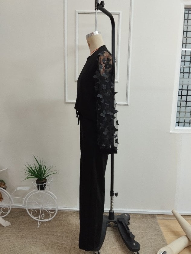 Women's Long-Sleeve Cycling Neck Tulle Sleeve Viscose Two-Thread Blouse and Pants Two-Piece Set - Janes - by Peralane - photo 6
