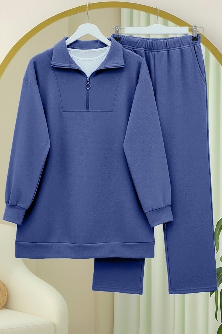 Half-Zip Collared Sweatshirt and Trousers Set - Indigo - Podyumplus - by Peralane - photo 3