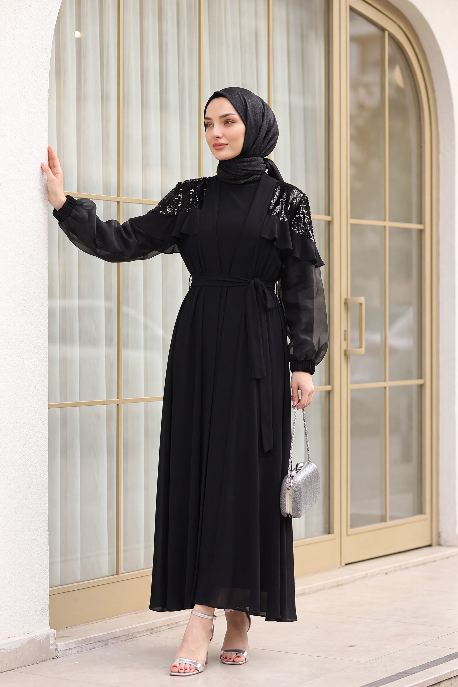 Women's Sequin-Embellished Chiffon Sleeve Abaya with Belt - Black - Podyumplus - by Peralane - photo 4