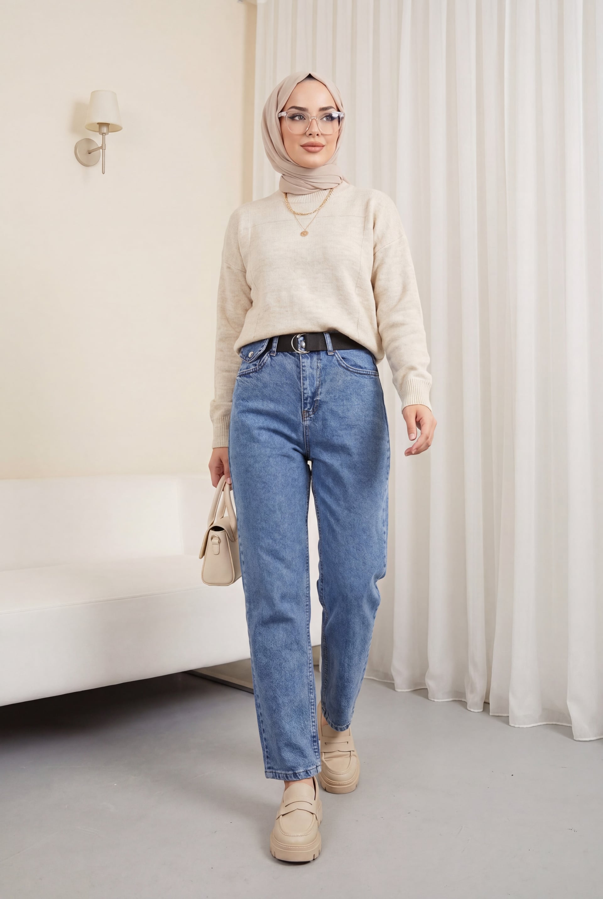 Women's High Waist Acid Wash Jeans with Belt - Dark Blue - Podyumplus - by Peralane - photo 4