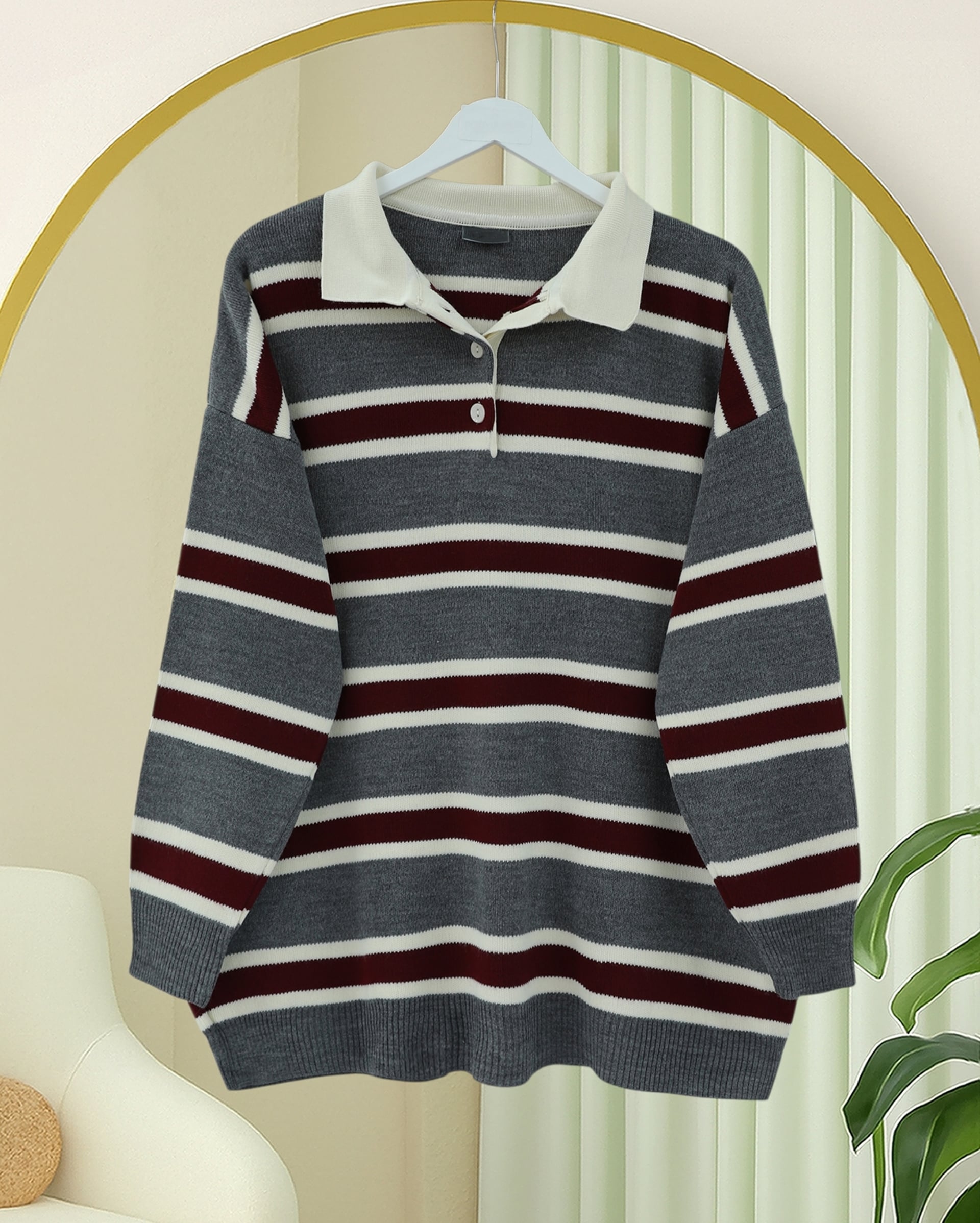 Polo Collar Half Button Colorful Striped Knit Sweater - Smoke - Podyumplus - by Peralane - photo 3