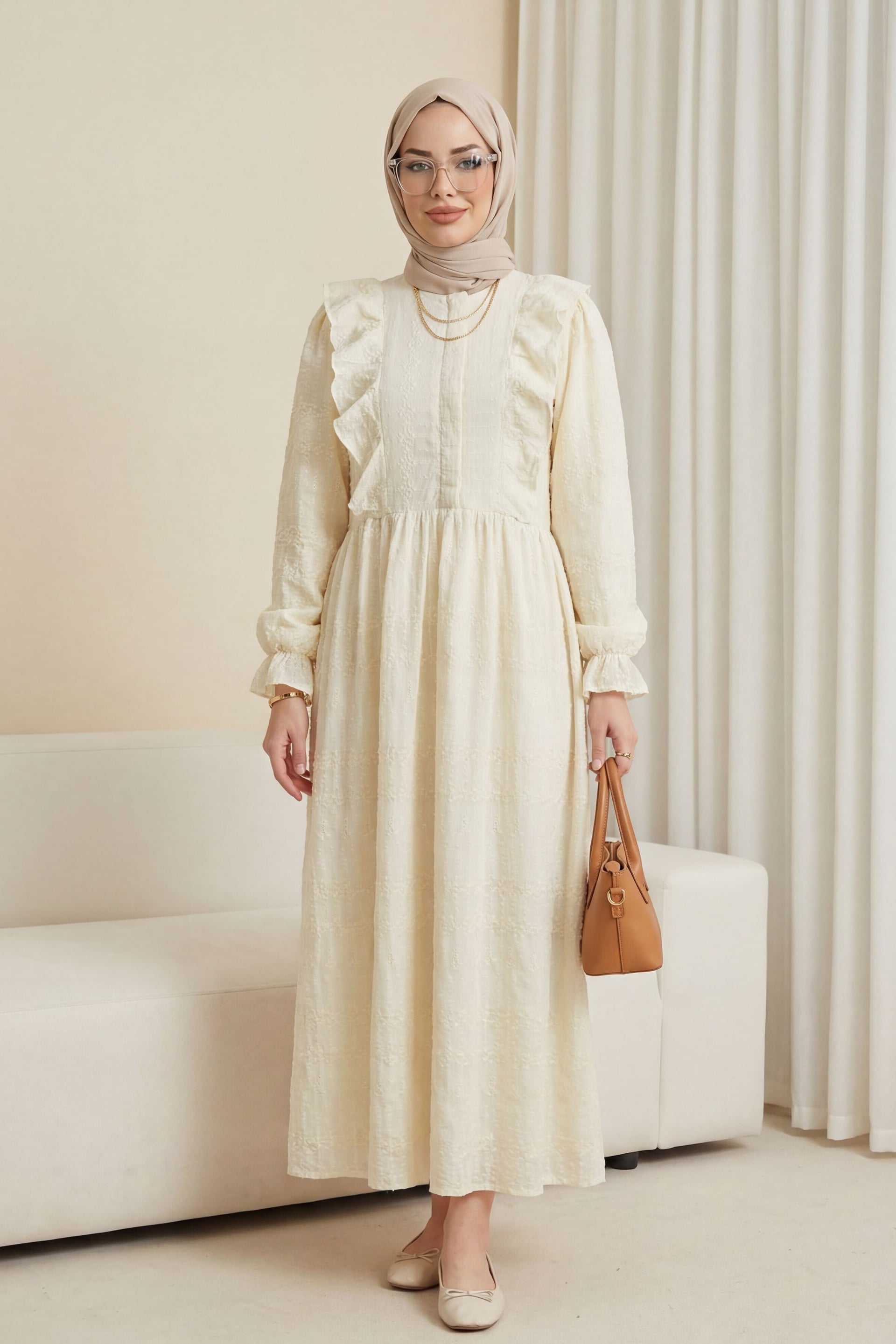 Round Neck Half-Zip Ruffled Lined Brocade Dress - Ecru - Podyumplus - by Peralane - photo 3