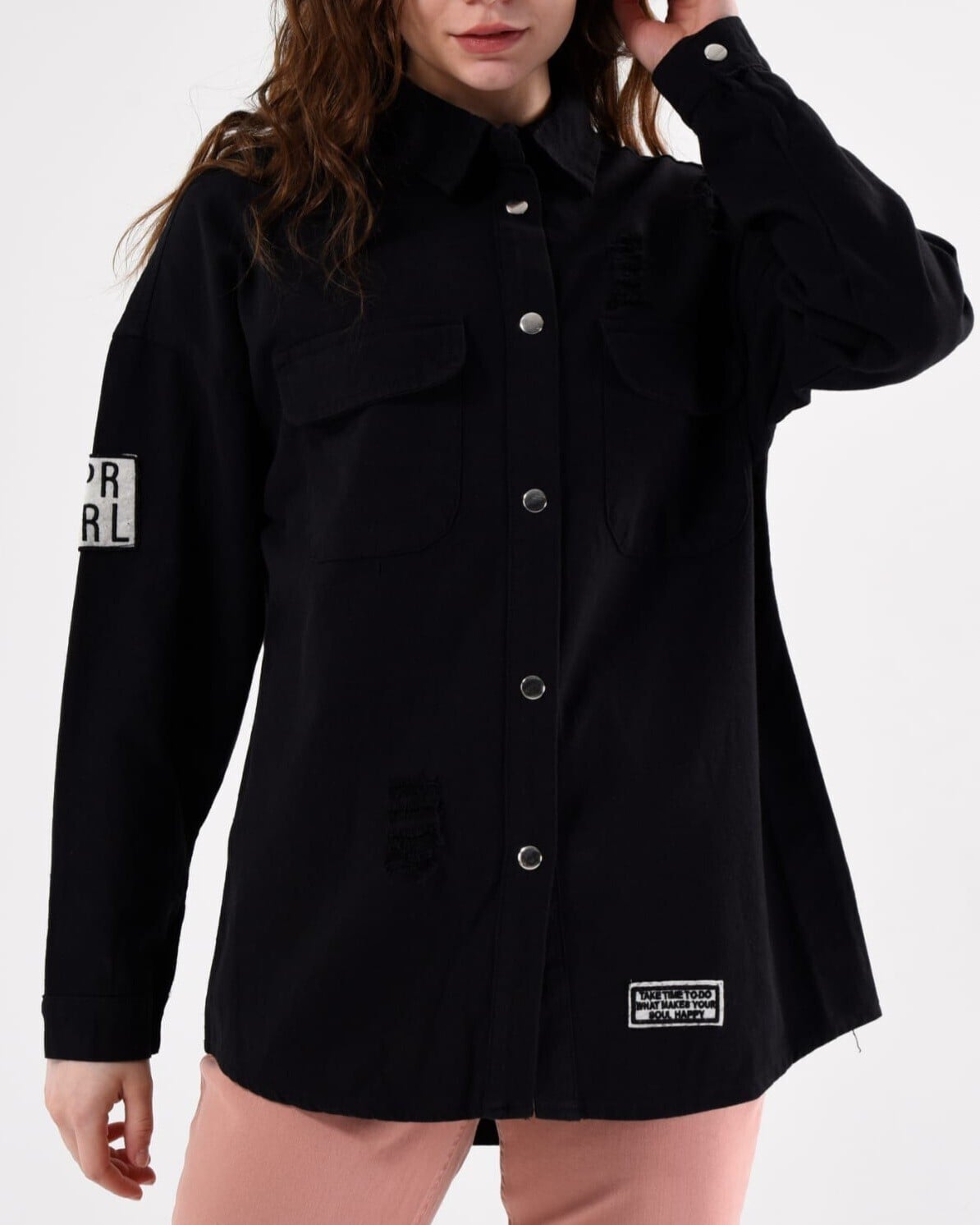 Black Distressed Denim Jacket with Button Front and Patch Details - Podyumplus - by Peralane - photo 2