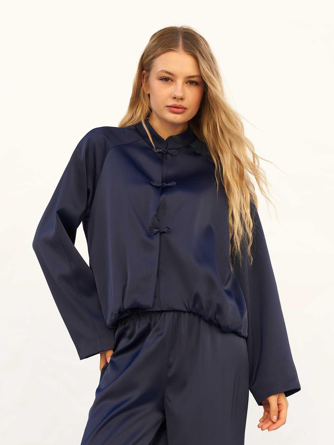 Navy Blue Satin Bomber Jacket with Mandarin Collar - Lefon - by Peralane