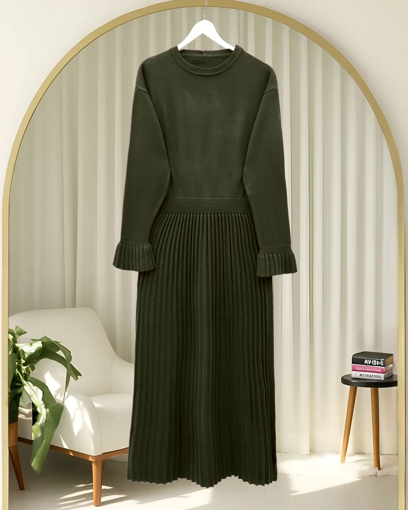 Long Knit Dress with Pleated Cape Overlay and Ribbed Skirt - Olive Green - Podyumplus - by Peralane - photo 6