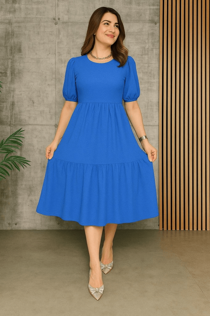 Women's Short Sleeve Open Collar Tiered Crepe Balloon Dress - Janes - by Peralane - photo 2