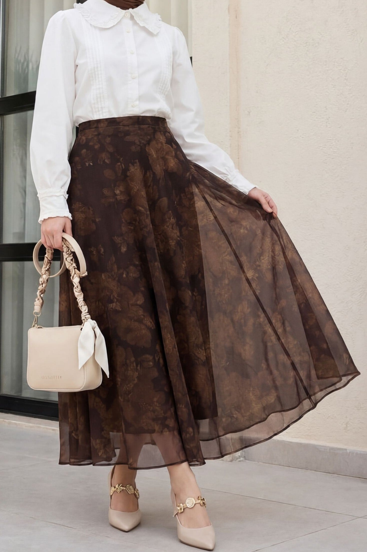 Patterned Lined Chiffon Skirt with Side Zipper - Khaki - Podyumplus - by Peralane