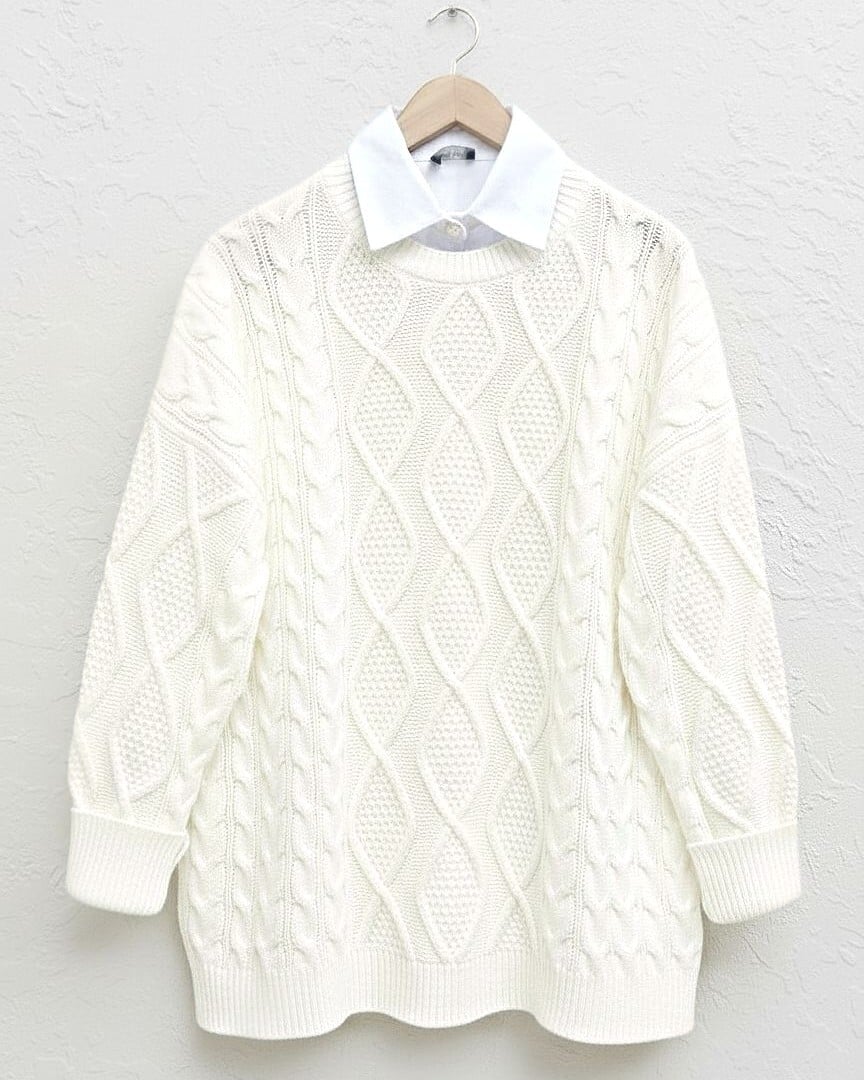 Ecru Cable Knit Long Tunic Sweatshirt for Women - Podyumplus - by Peralane - photo 4