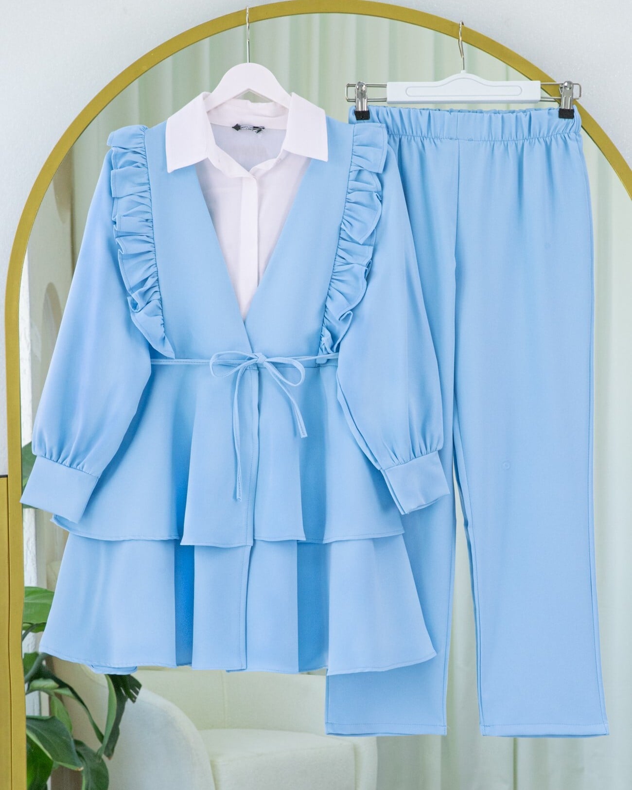 Women's Light Blue Two-Piece Tunic and Pants Set with Ruffled Front and Tie Waist - Podyumplus - by Peralane - photo 2
