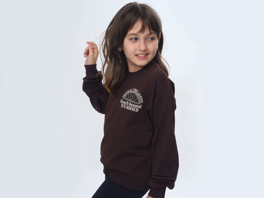 Girls' Printed Sweatshirt with Tropical Vibes Graphic - Dark Brown - Vizviz - by Peralane