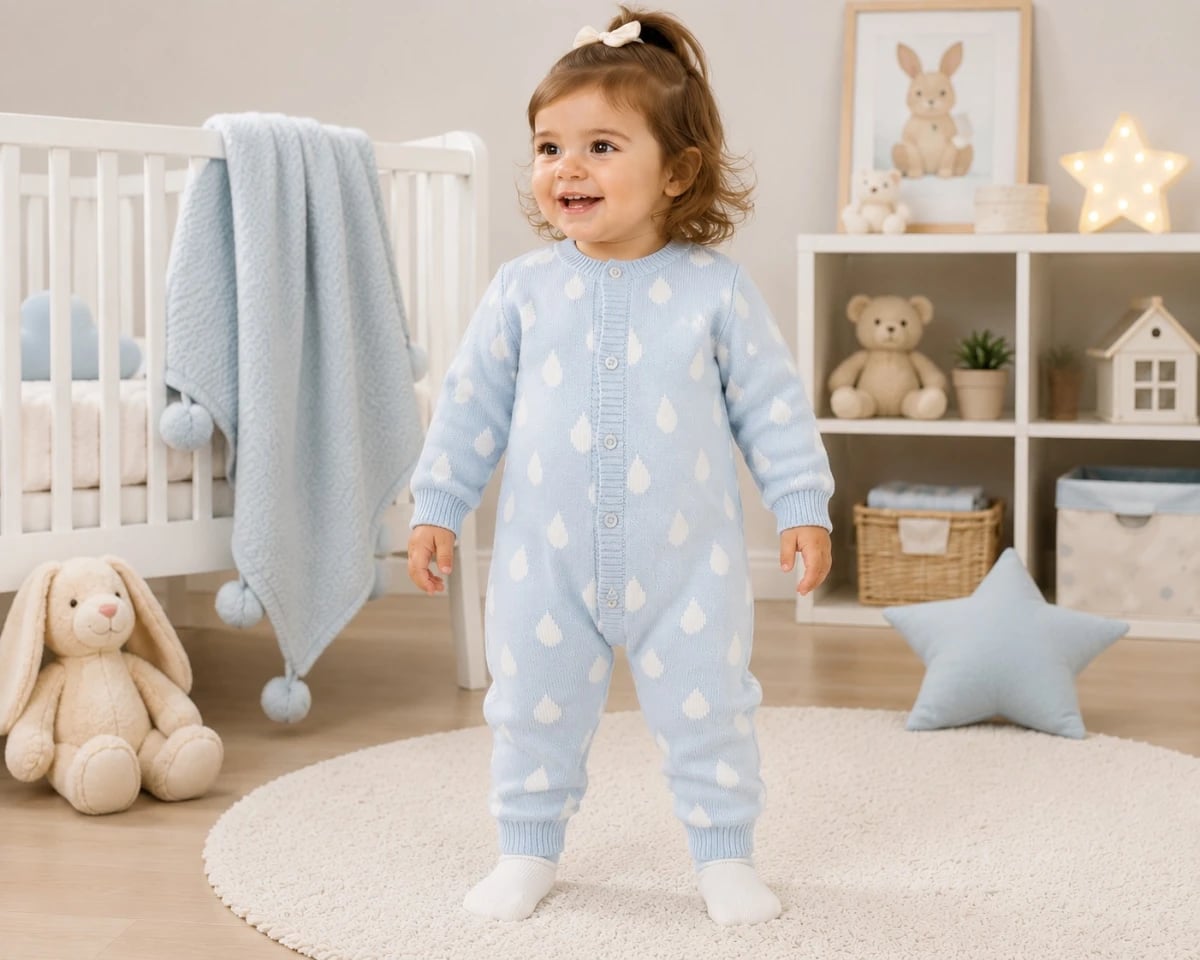 Knitted Baby Romper - Light Blue with Raindrop Print - Has Bereket - by Peralane