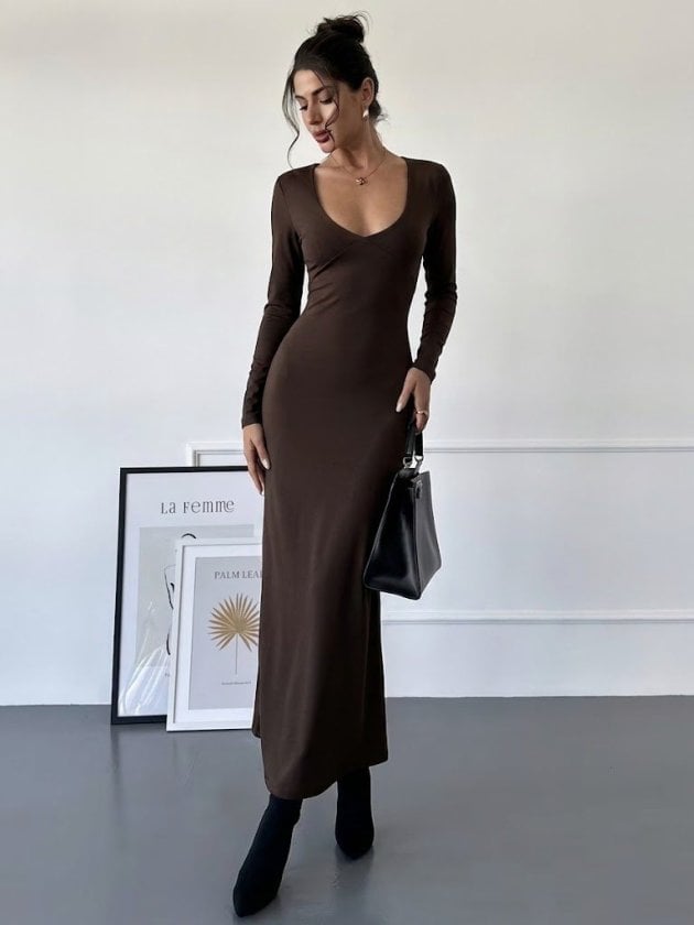 Women's Long Sleeve Deep Neckline Tie Waist Long Dress - Janes - by Peralane