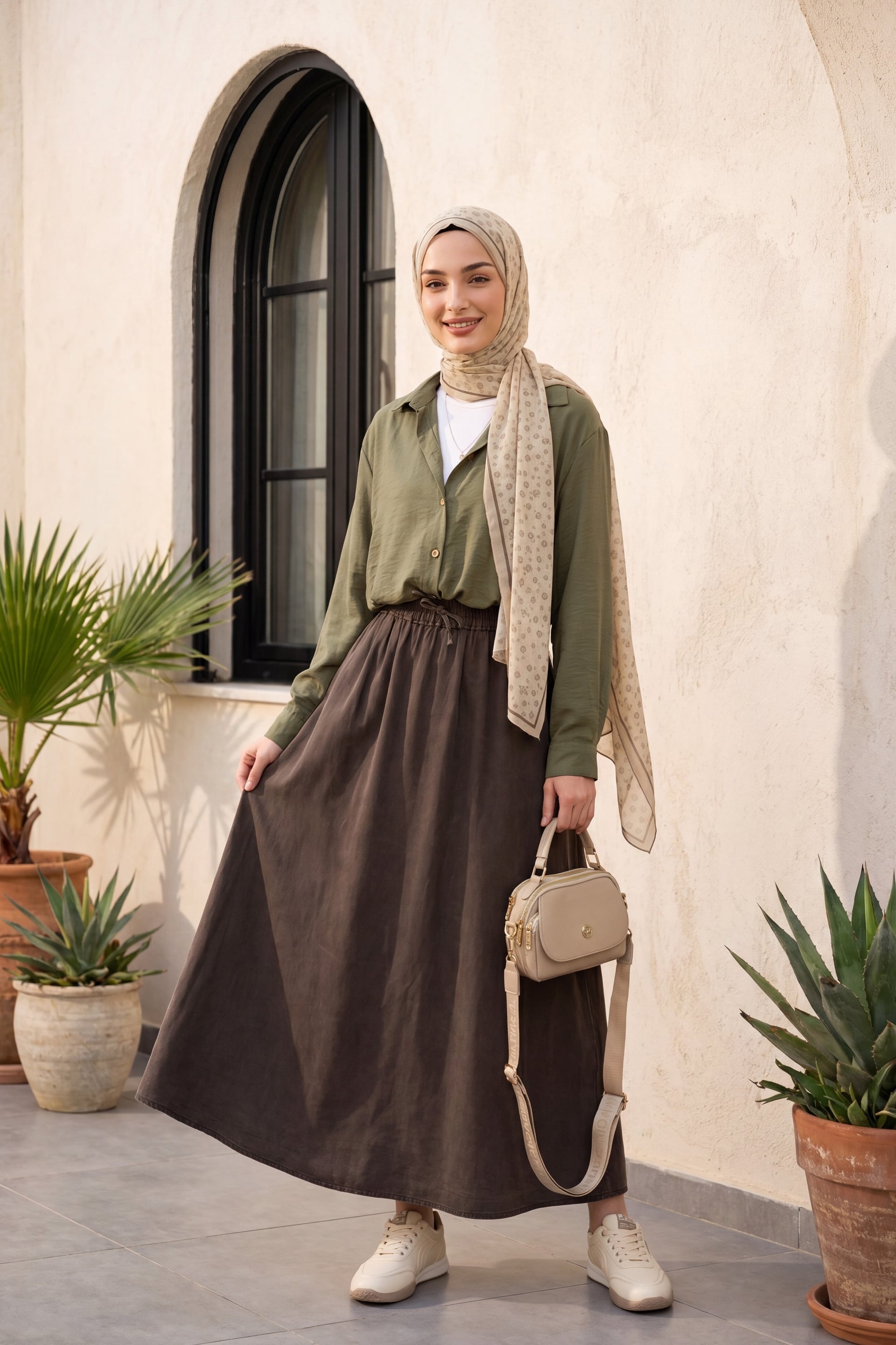 Elastic Waist Drawstring Pocket Tencel Skirt - Brown - Podyumplus - by Peralane - photo 2